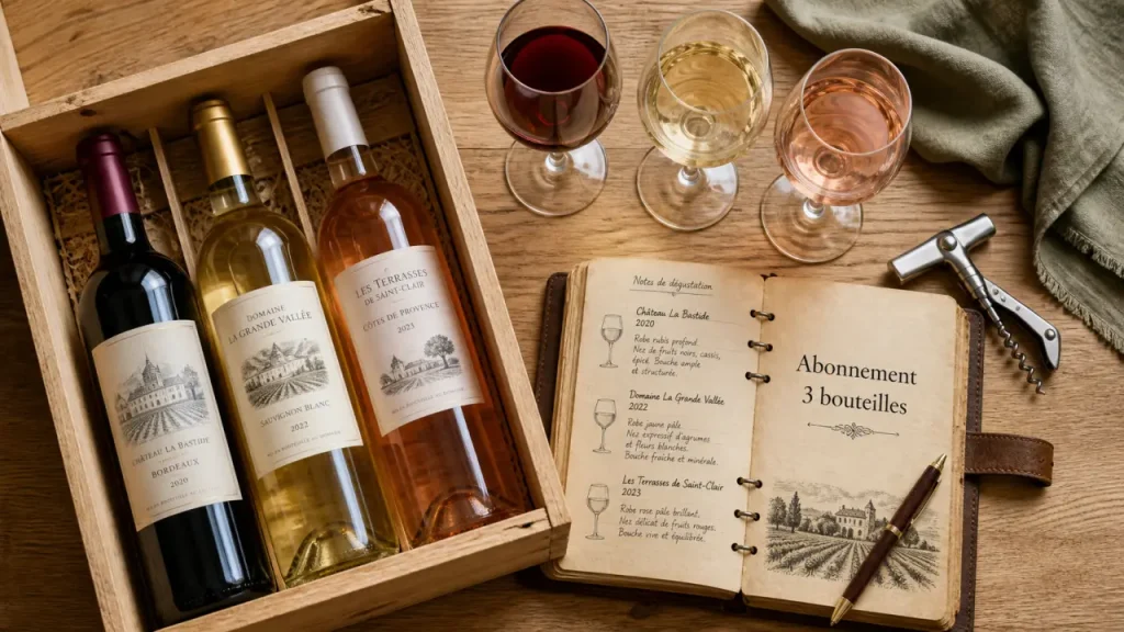 Abonnement vin 3 bouteilles : trois bouteilles sur table