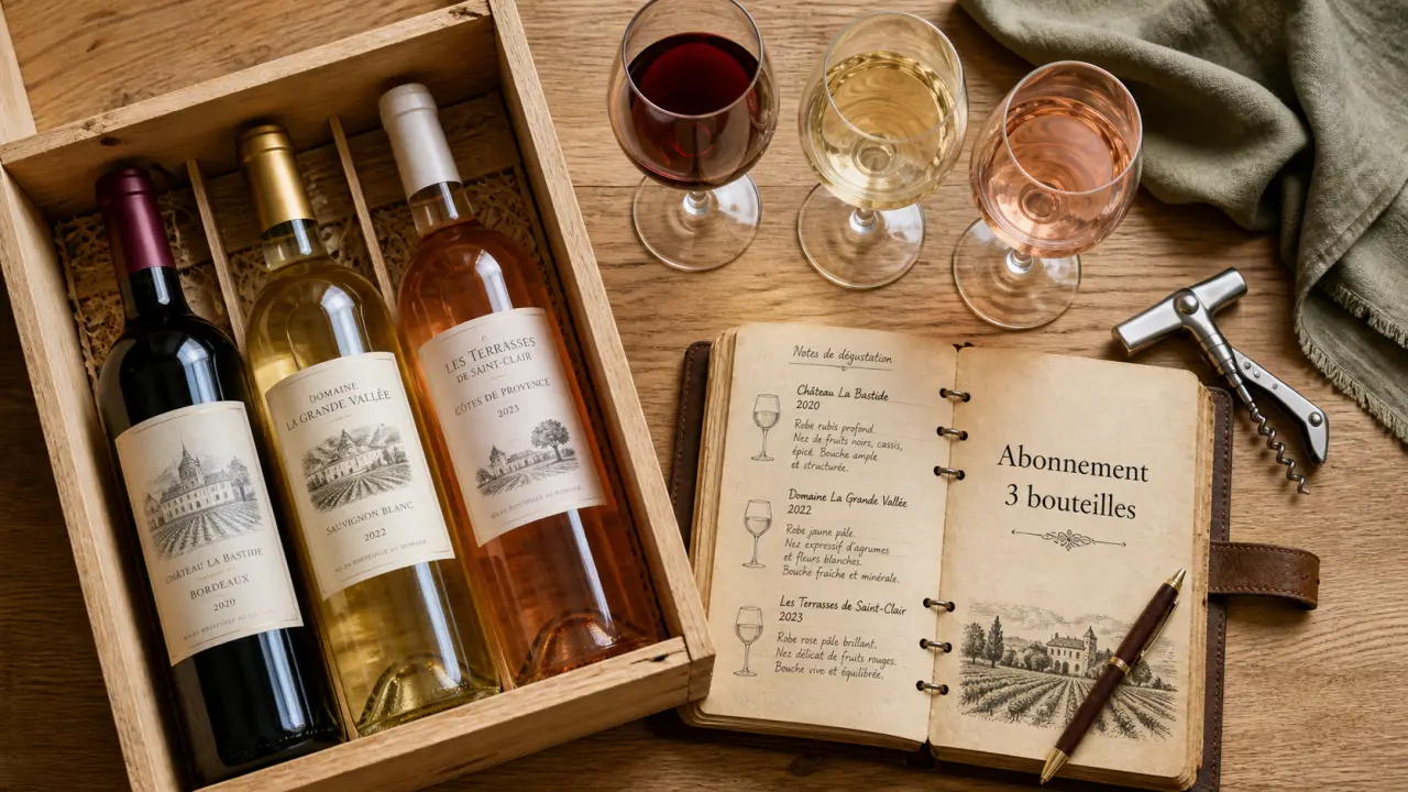 Abonnement vin 3 bouteilles : trois bouteilles sur table