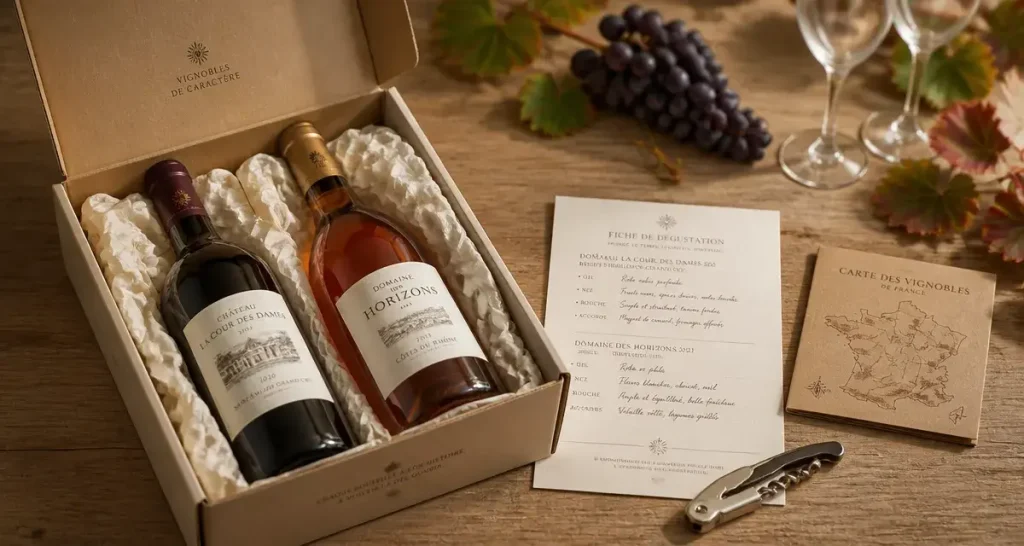 Abonnement vin découverte : box de dégustation ouverte, bouteilles et fiches de dégustation