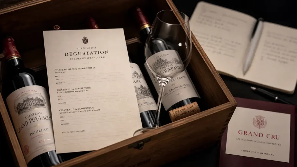 Abonnement vin grand cru : bouteilles et fiche de dégustation