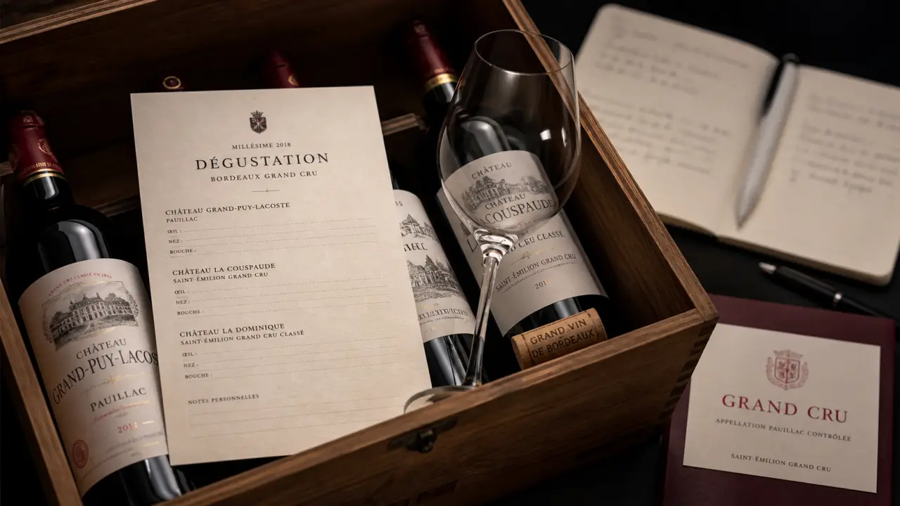 Abonnement vin grand cru : bouteilles et fiche de dégustation