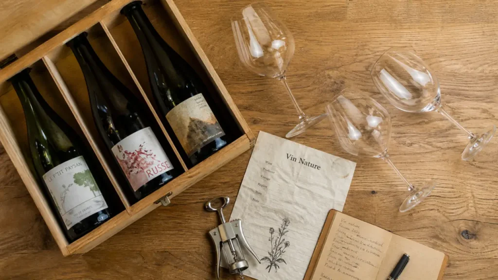 Abonnement vin nature : box de vin nature, bouteilles et fiche de dégustation