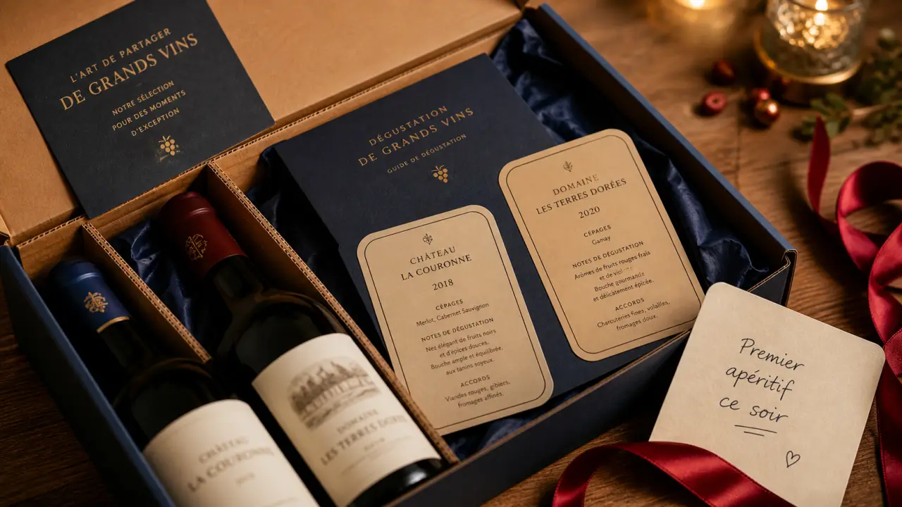 Abonnement vin Noël : box de vin et carte cadeau sur table