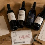 Abonnement vin trimestriel : bouteilles couchées et fiche de dégustation