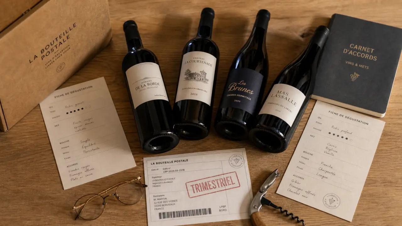 Abonnement vin trimestriel : bouteilles couchées et fiche de dégustation