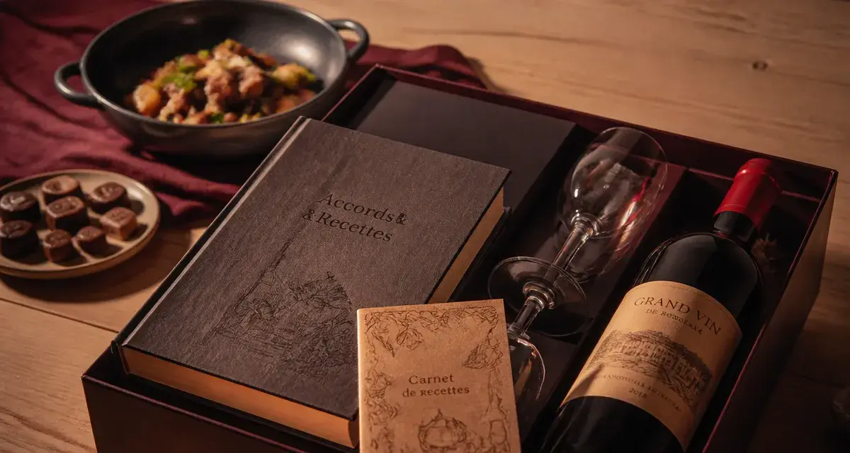 Accords mets vins box : coffret ouvert avec livre, verres et bouteille