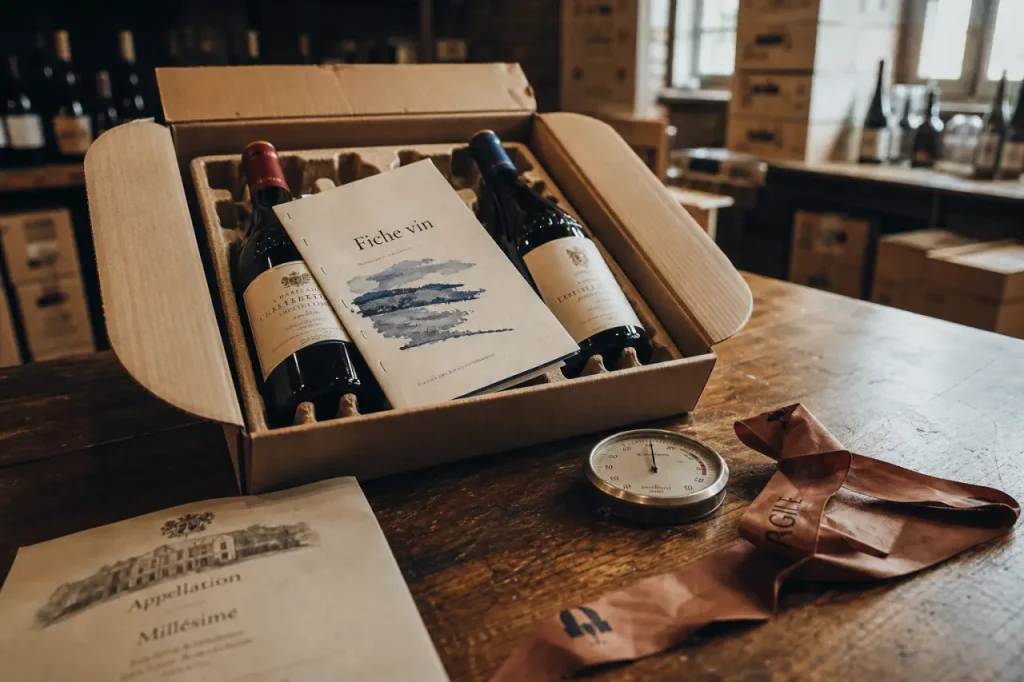 Achat vin en ligne direct producteur : deux bouteilles et fiche vin, livraison claire