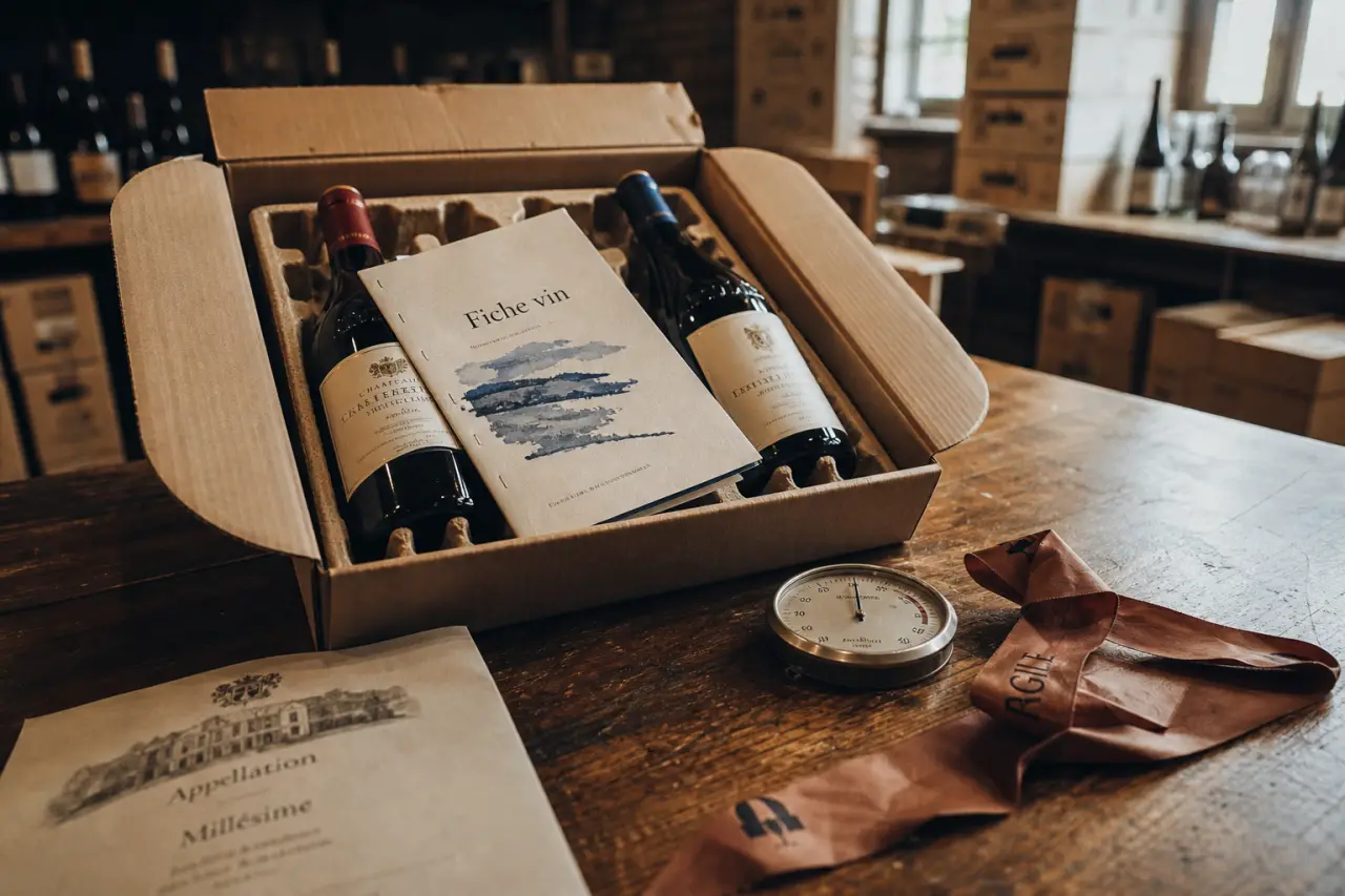 Achat vin en ligne direct producteur : deux bouteilles et fiche vin, livraison claire