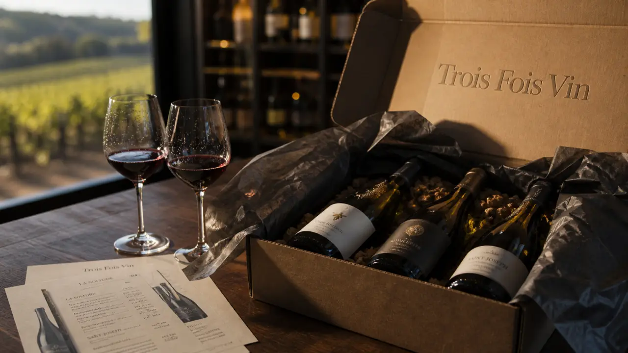 avis trois fois vin : box vin ouverte sur table en chêne