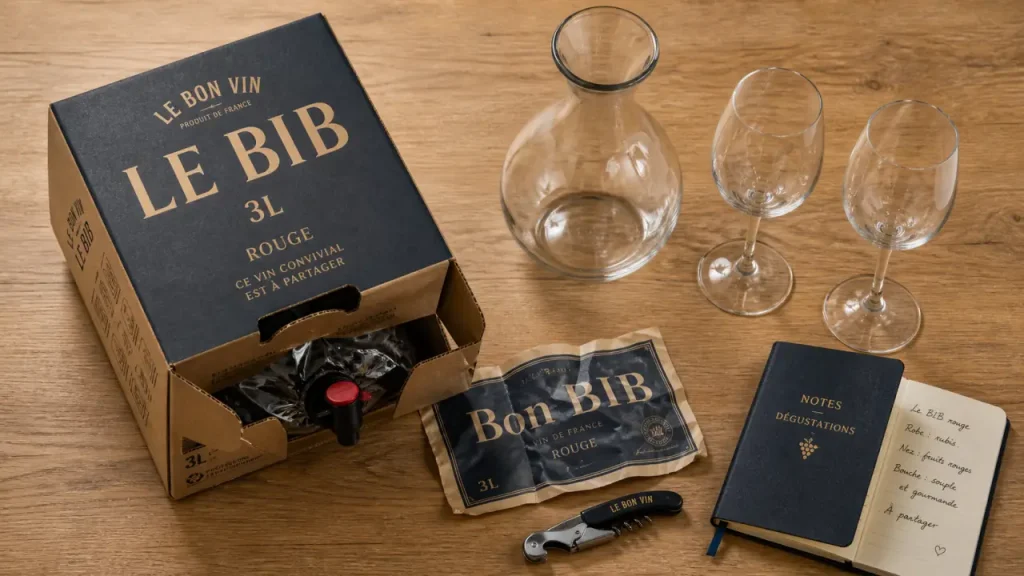 Bag in box vin sur table, verres et carafe, ambiance cave