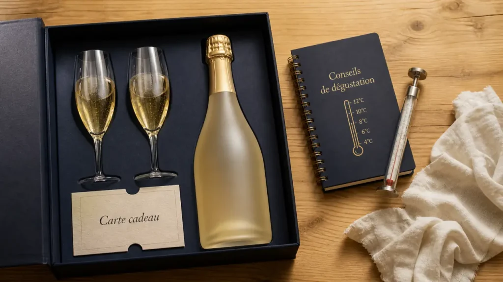 Box champagne avec carte cadeau et flûtes sur table