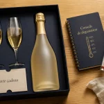 Box champagne avec carte cadeau et flûtes sur table