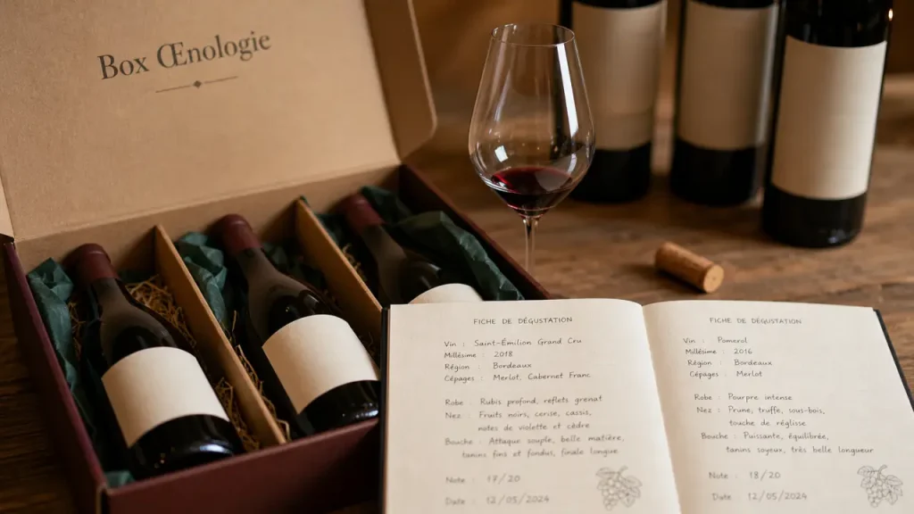 Box oenologie : dégustation, carnet, verre et bouteilles