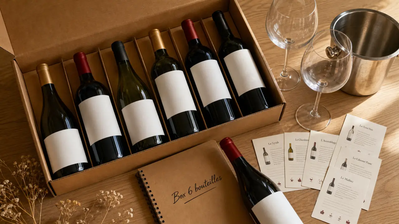 box vin 6 bouteilles : caisse ouverte de six bouteilles et verres