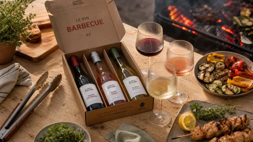 Box vin barbecue : verres rouge léger, rosé sec et blanc vif près du barbecue