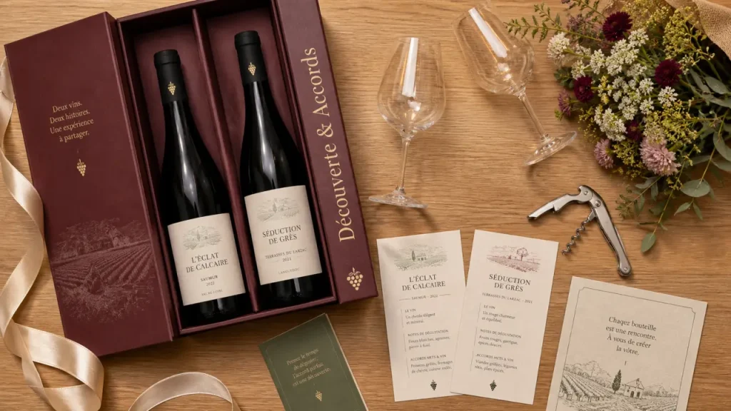 Box vin cadeau femme ouverte avec dégustation et accords