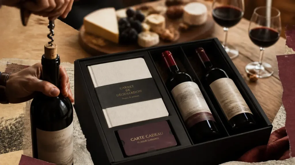 Box vin cadeau homme : coffret de vin et dégustation sur table