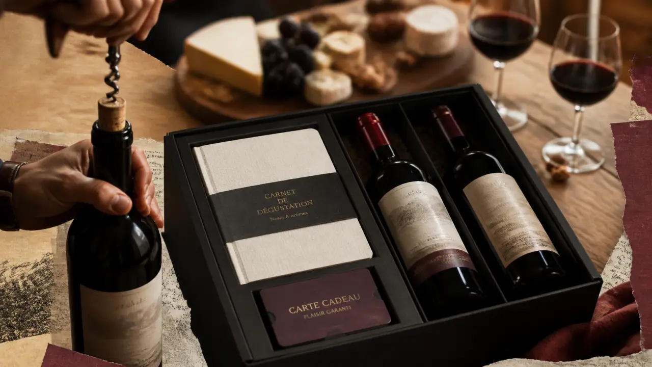 Box vin cadeau homme : coffret de vin et dégustation sur table
