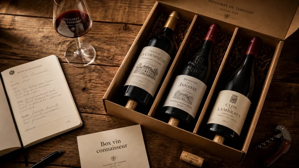 Box vin connaisseur : caisse ouverte, bouteilles et carnet de dégustation