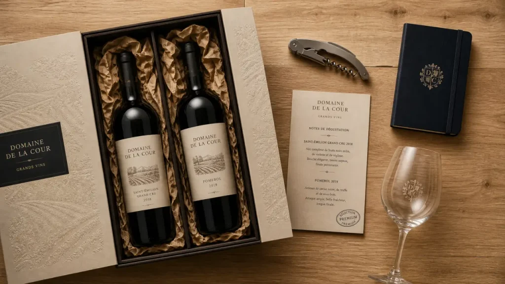 Box vin haut de gamme : coffret premium ouvert, bouteilles et fiche de dégustation