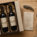 Box vin haut de gamme : coffret premium ouvert, bouteilles et fiche de dégustation