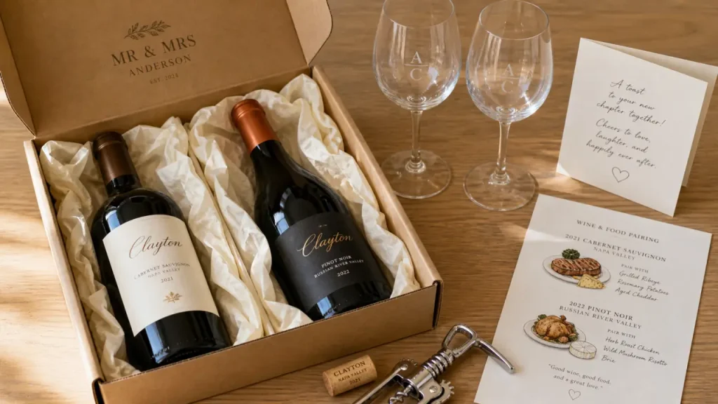 Box vin mariage ouverte sur table en chêne, bouteilles et fiche de dégustation