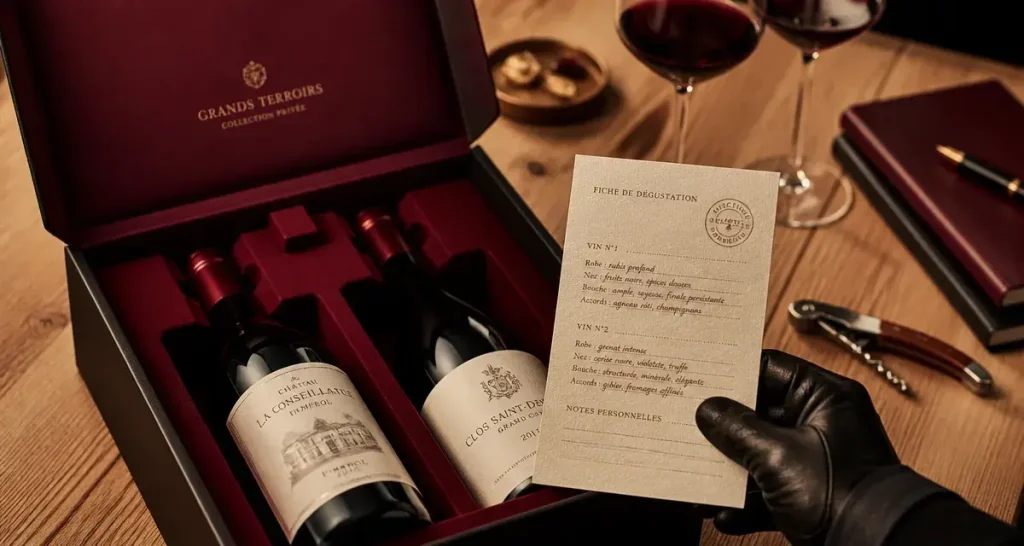 Box vin premium ouverte, sélection sommelier et fiche de dégustation