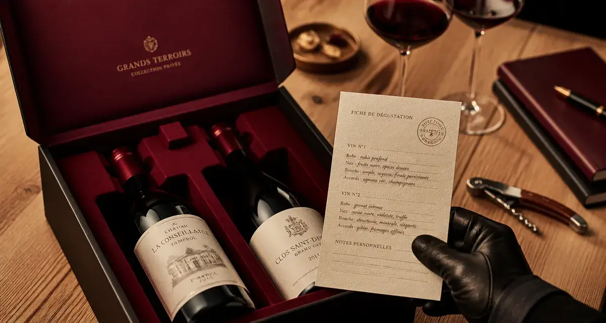 Box vin premium ouverte, sélection sommelier et fiche de dégustation