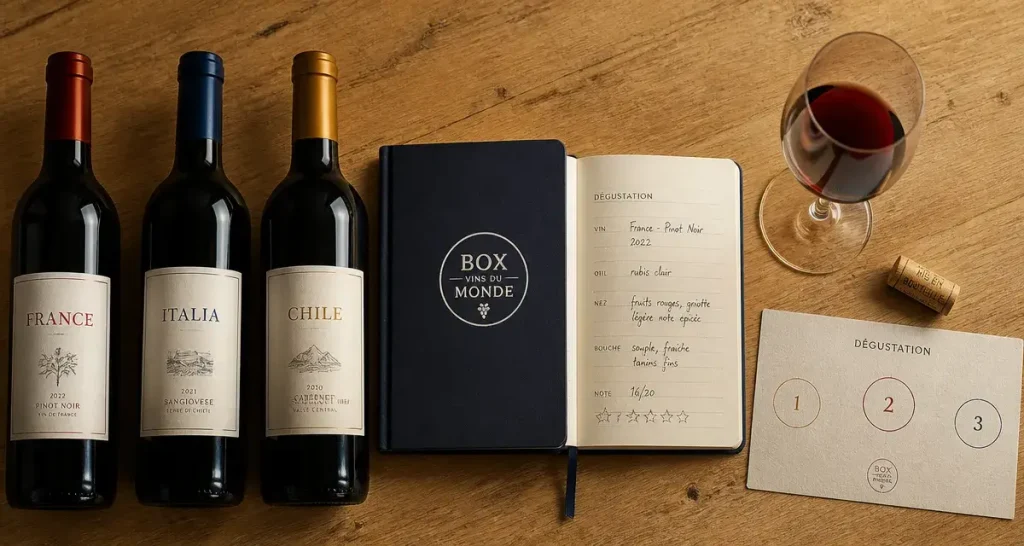 Box vins du monde : bouteilles de vin et carnet de dégustation