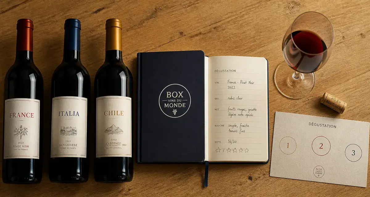 Box vins du monde : bouteilles de vin et carnet de dégustation