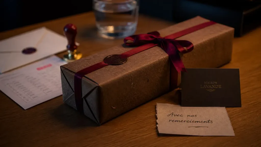 Cadeau entreprise vin : coffret sur bureau en chêne clair