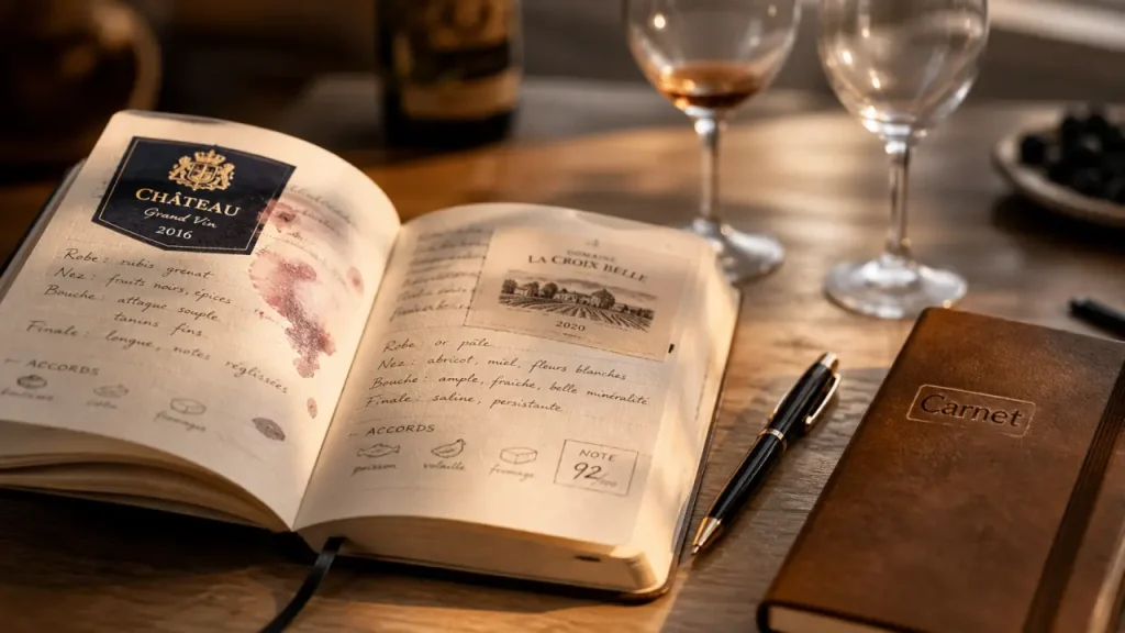 Carnet dégustation vin ouvert, stylo et verres de vin sur table