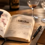 Carnet dégustation vin ouvert, stylo et verres de vin sur table