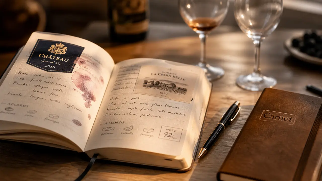 Carnet dégustation vin ouvert, stylo et verres de vin sur table