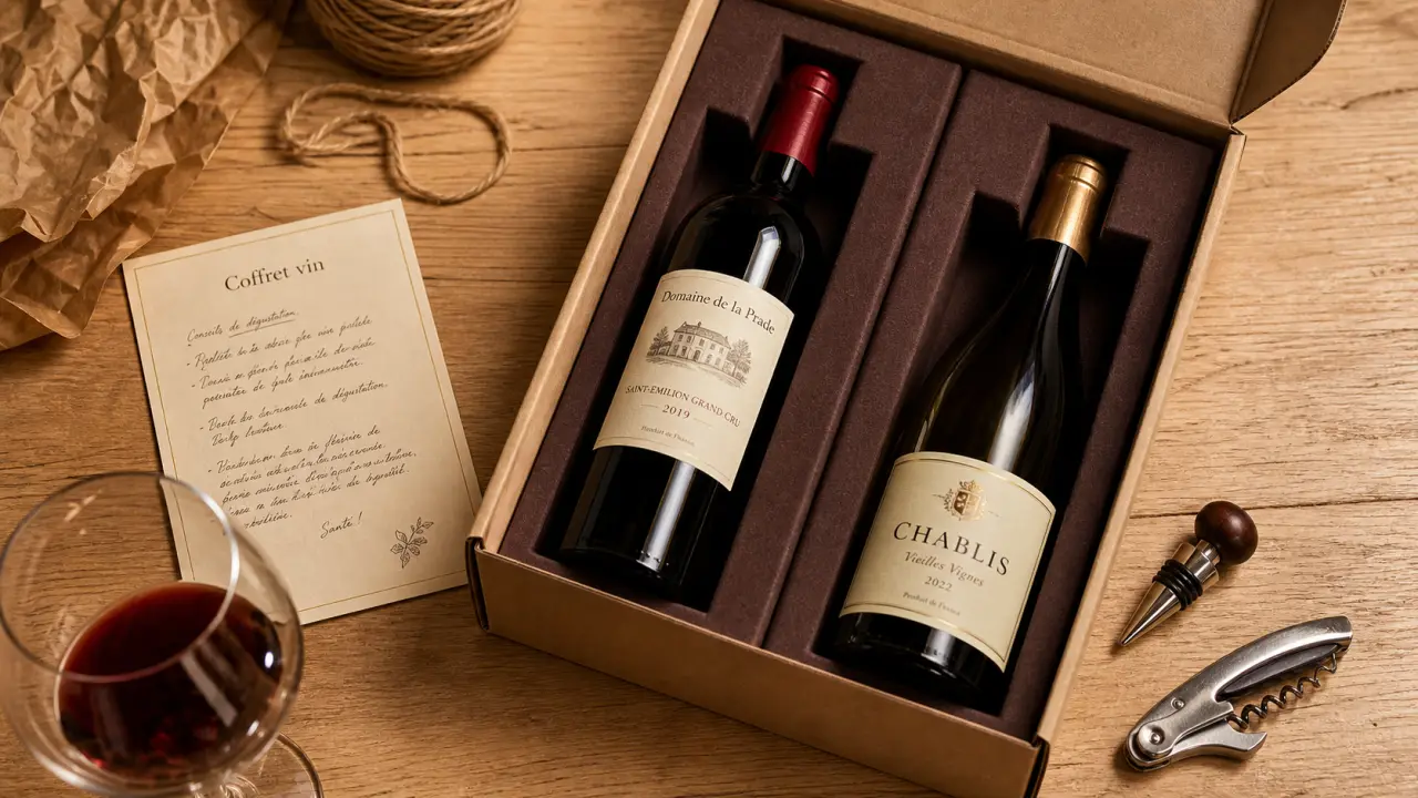 Coffret vin avec bouteille, tire-bouchon et conseils de service