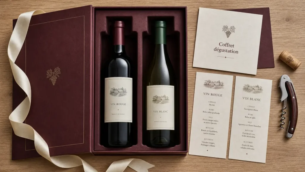 Coffret vin ouvert avec bouteilles et fiche de dégustation