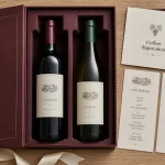 Coffret vin ouvert avec bouteilles et fiche de dégustation