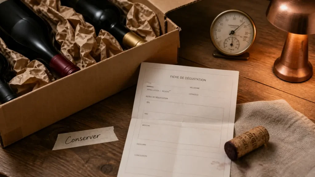 Conservation bouteilles vin en box : bouteilles couchées, calage papier, fiche de dégustation