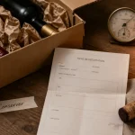 Conservation bouteilles vin en box : bouteilles couchées, calage papier, fiche de dégustation