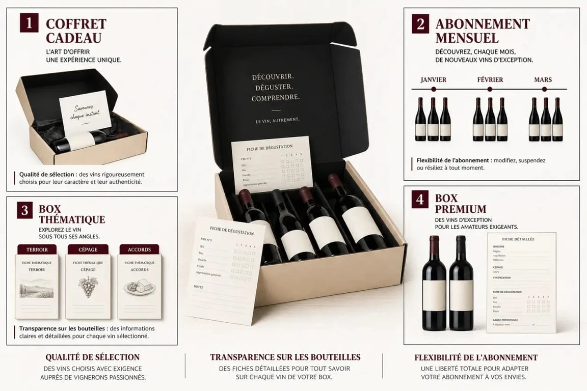 Winebox ouverte avec bouteilles et fiches de dégustation montrant les critères de sélection