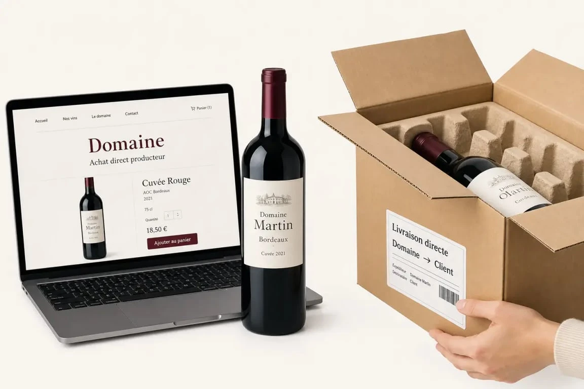 Achat vin en ligne direct producteur : colis de vin livré depuis un domaine viticole vers un client