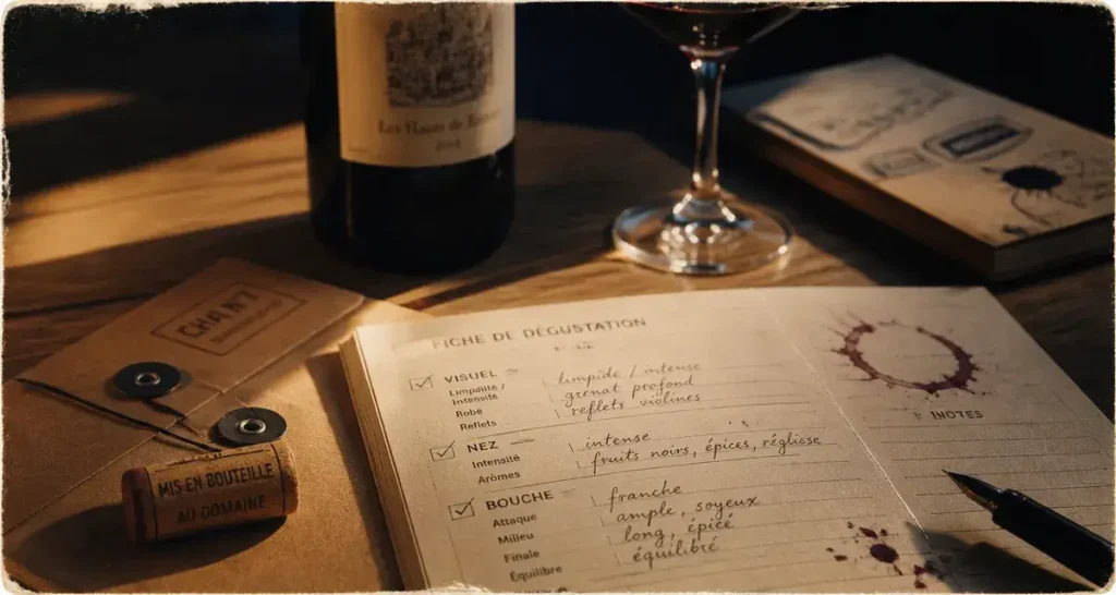 Fiches dégustation vin : fiche ouverte, enveloppe kraft et bouchon