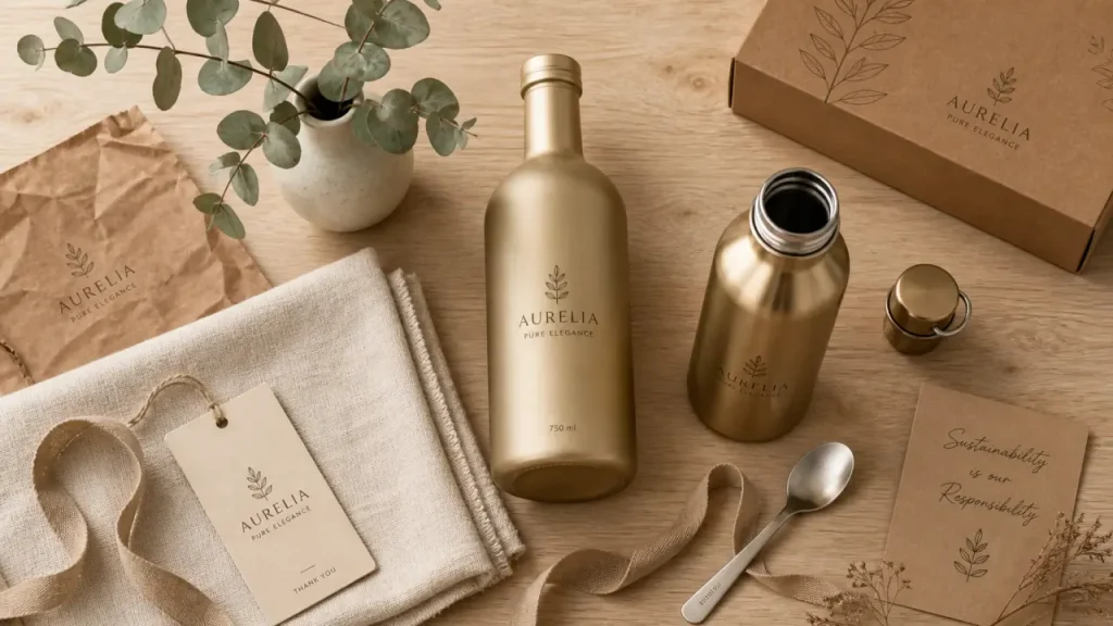 La bouteille doree, gourde en inox doré et déco eucalyptus sur table en bois