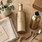 La bouteille doree, gourde en inox doré et déco eucalyptus sur table en bois
