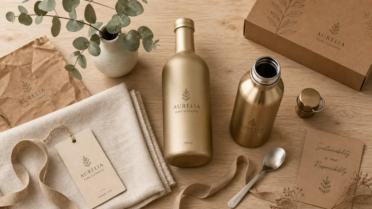 La bouteille doree, gourde en inox doré et déco eucalyptus sur table en bois