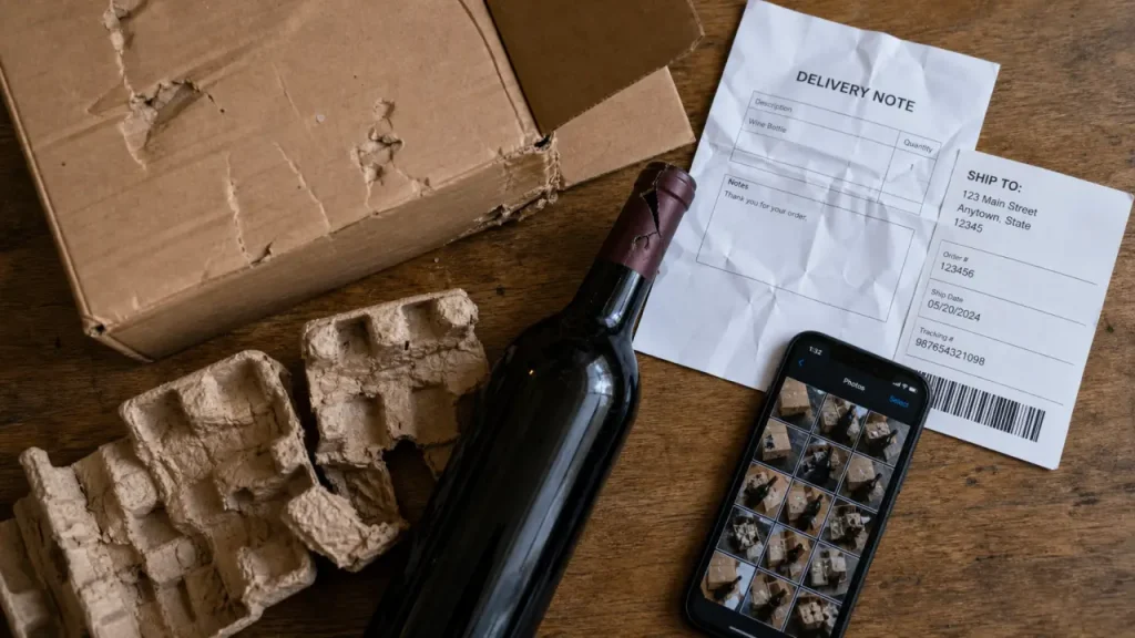 Livraison vin domicile : colis de vin abîmé, bouteille fissurée et étiquette de transport visible