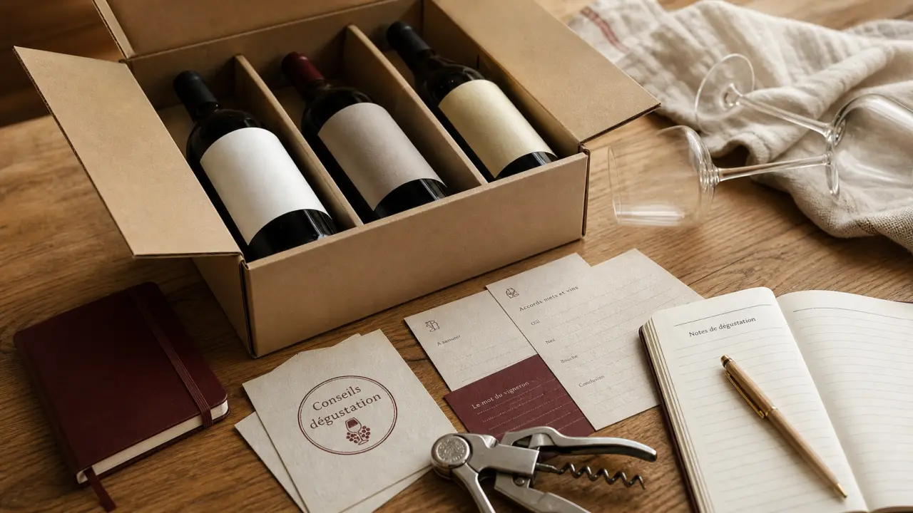 Meilleure box vin : box ouverte, fiches de dégustation et verres tulipe