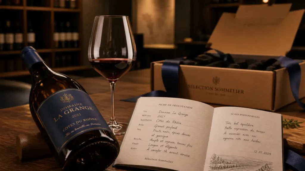 My vitibox : bouteille, verre et fiche de dégustation en cave œnologique