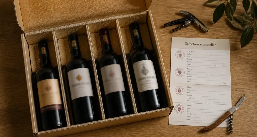 Sélection sommelier vin : box de vin sur table en chêne