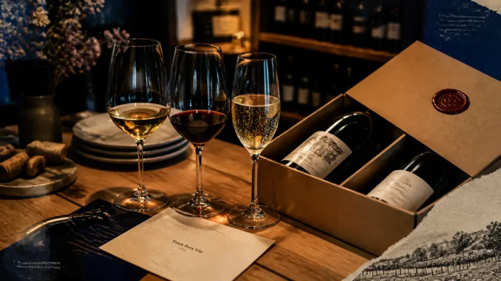 Trois fois vin : trois verres, boîte cadeau et papier de dégustation